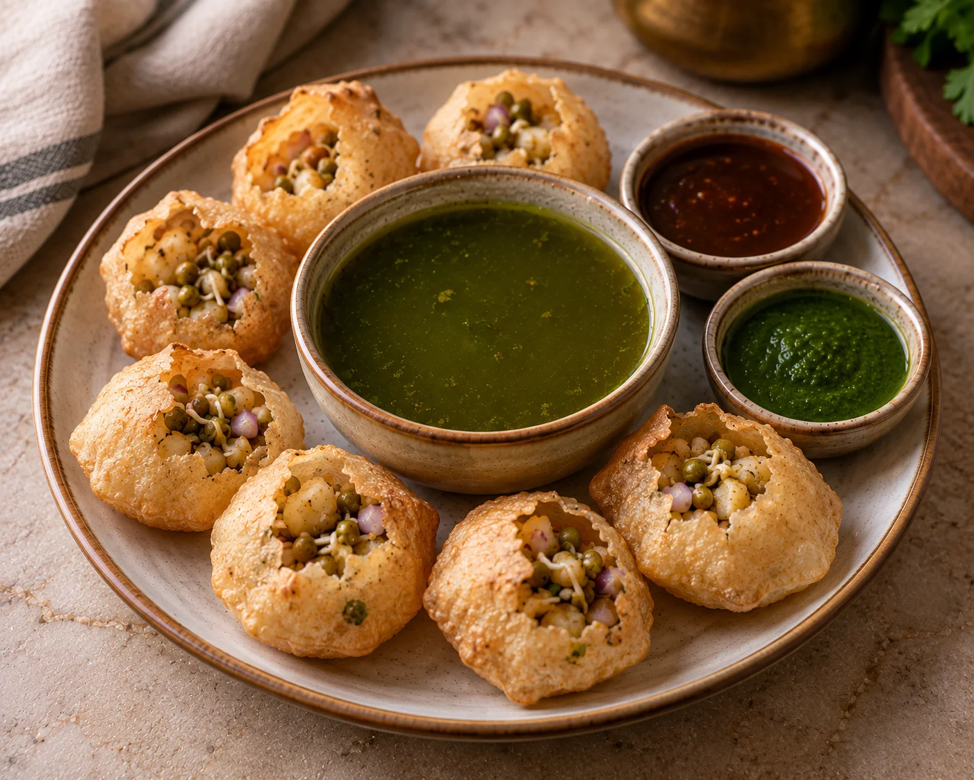 Crispy Pani Puri shells filled with spiced potatoes and mint water at Sevana